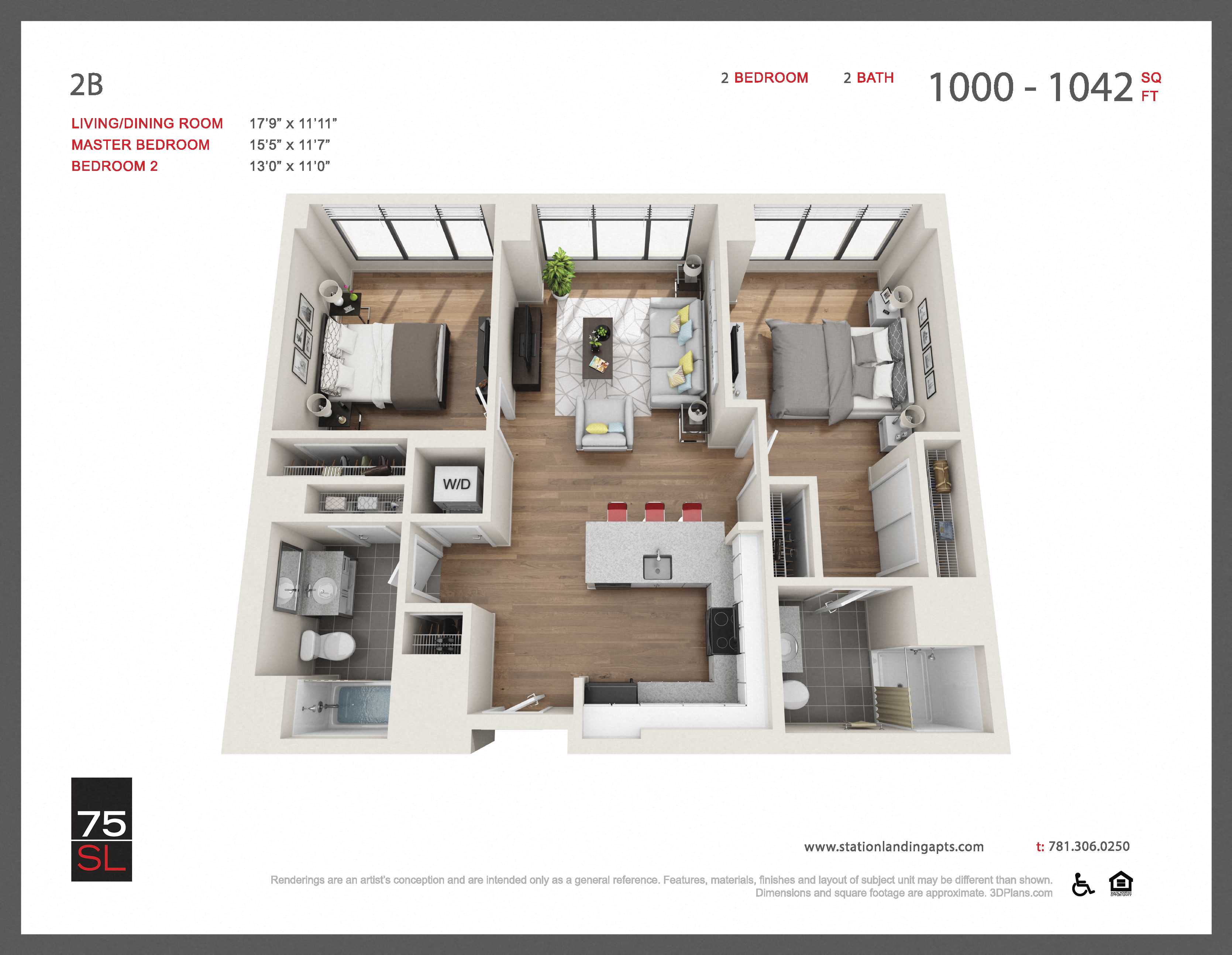 Floor plan for 2 beds, 2 baths, 1060 sqft